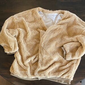 Teddy Bear Cozy Oversized Tan Sherpa Jacket Pockets